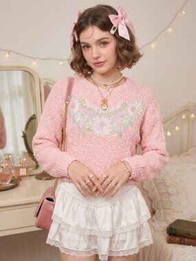 Vintage Paris Sports Club Pink Floral Embroidered Lace Knit Sweater S